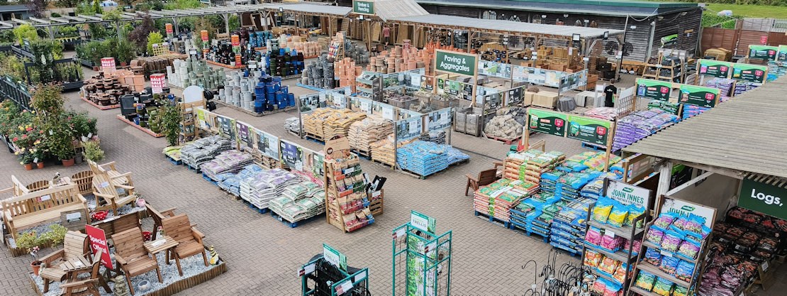 Longacres Bourne Valley aerial view of the stoneware department with a range of outdoor pots