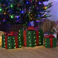 Festive Set Of 3 Light Up Green Christmas Presents With Bows (P054710)